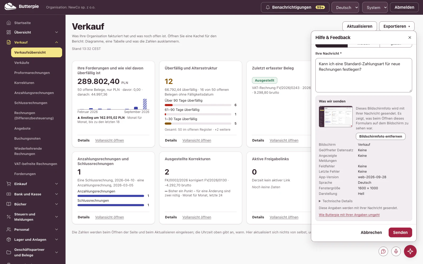 Das Formular „Hilfe & Feedback“ über einem Bildschirm, mit Bildschirmfoto und den Details, die gesendet werden