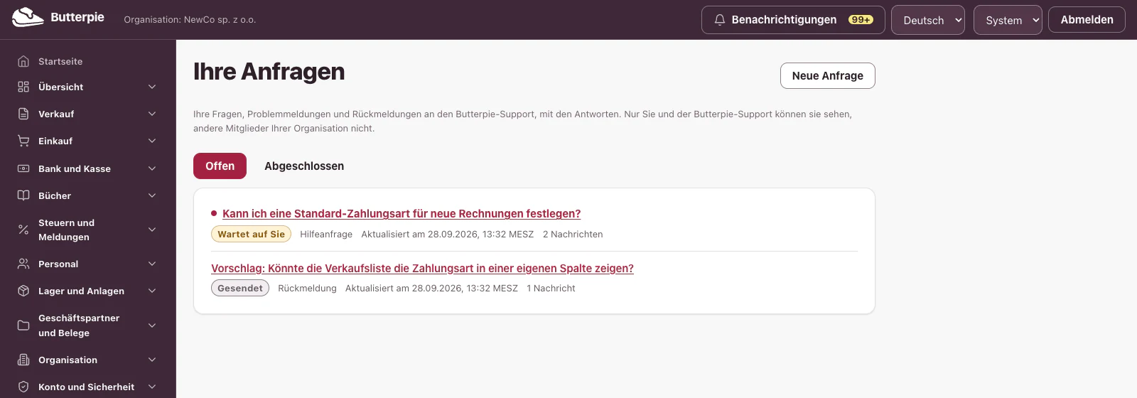 Ihre Anfragen: die Liste der Anfragen, jede mit ihrem Status