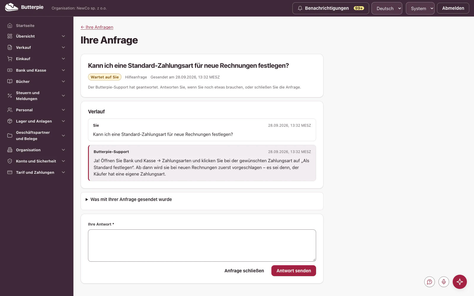 Eine Anfrage: das Gespräch mit dem Butterpie-Support, die gesendeten Details und das Bildschirmfoto