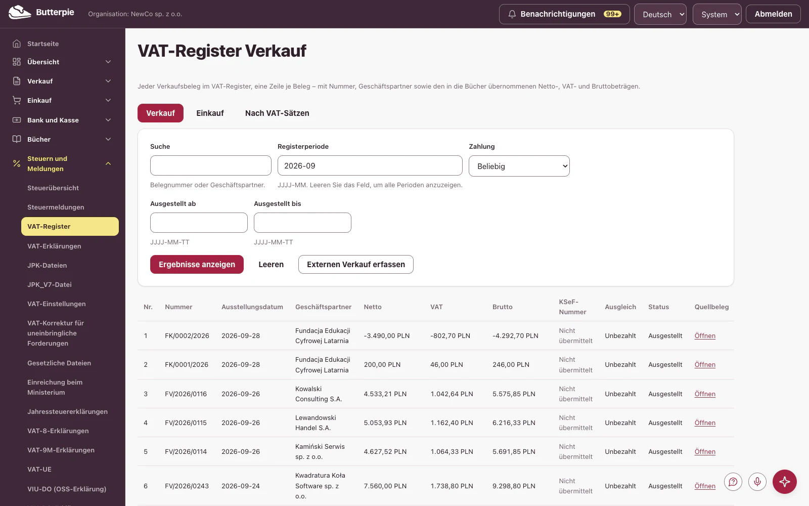 VAT-Register Verkauf