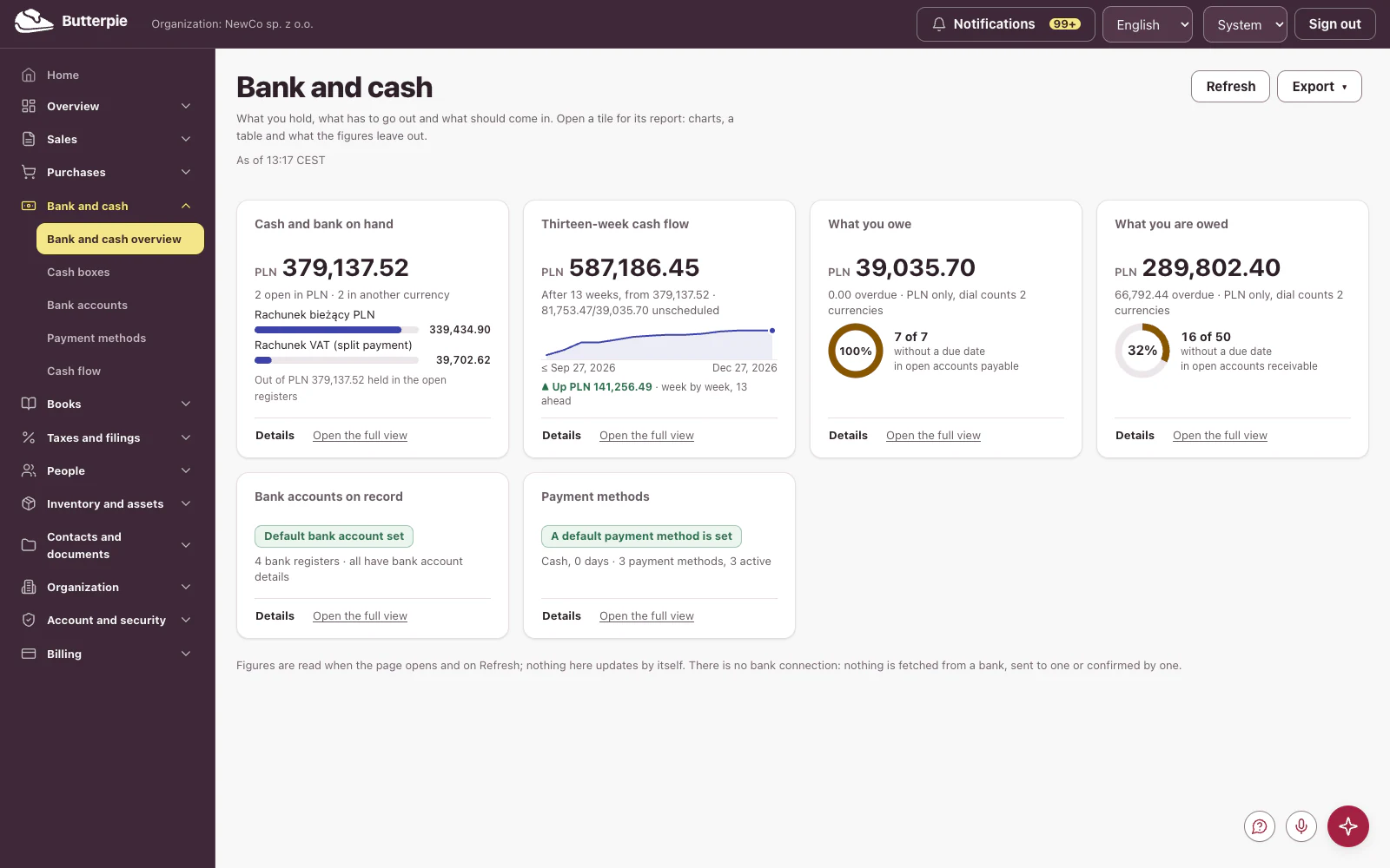Bank and cash: the dashboard, with the demo company's figures