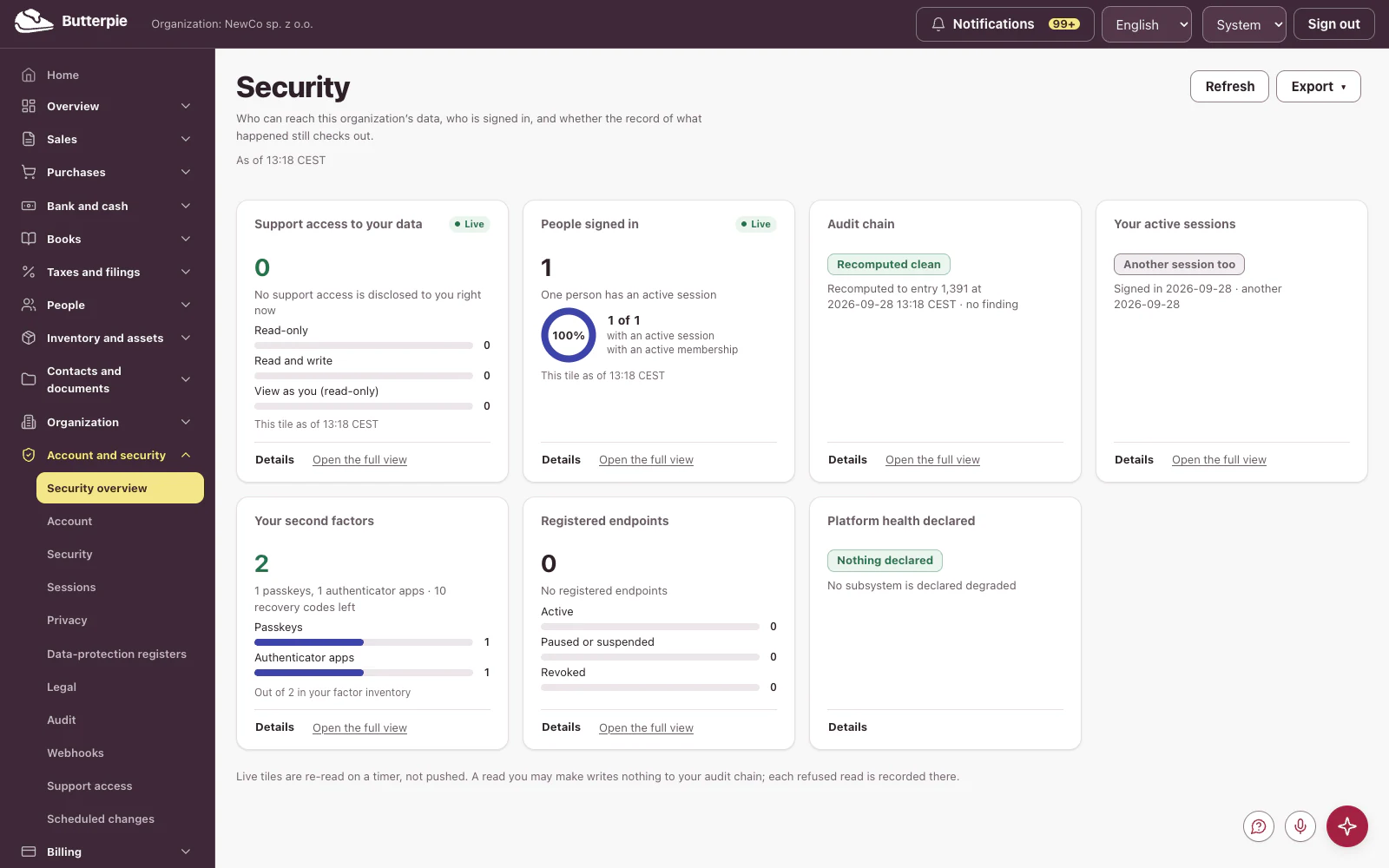 Account and security: the dashboard, with the demo company's figures