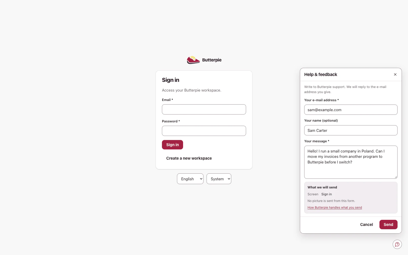 The contact form opened from the circle on the sign-in screen