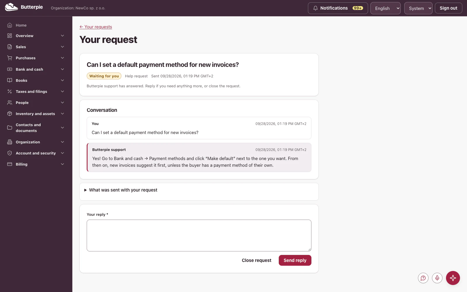 One request: the conversation with Butterpie support, the details that were sent and the picture
