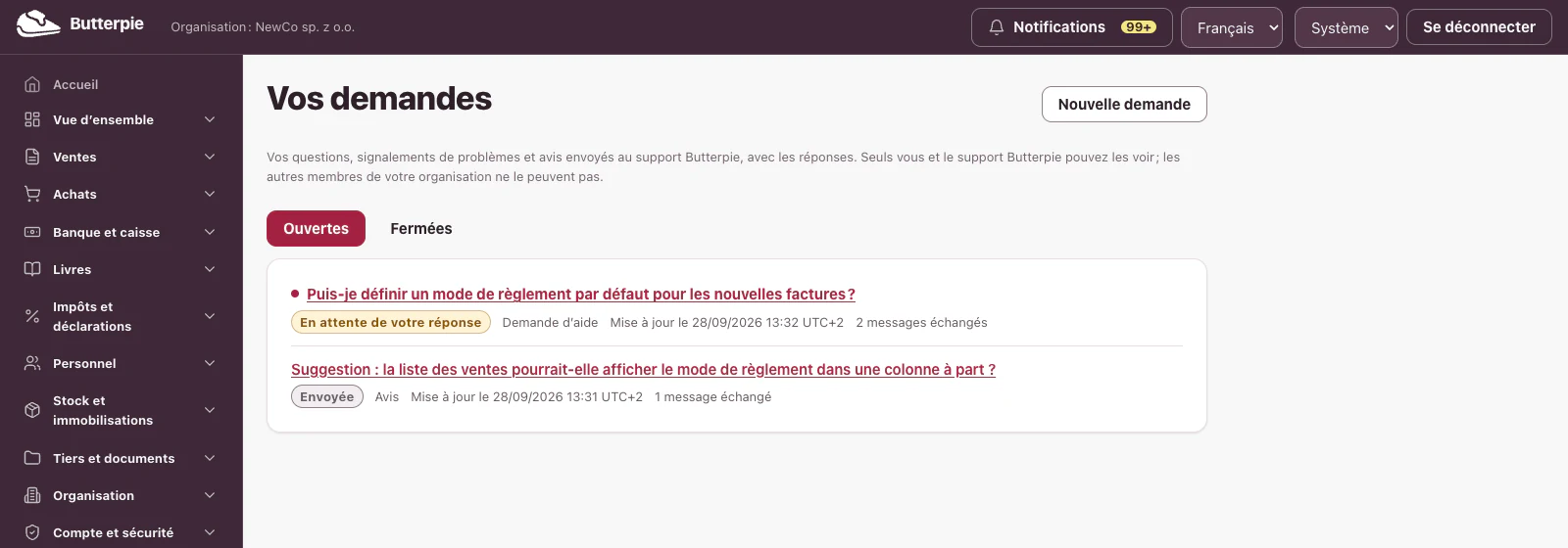Vos demandes : la liste des demandes, chacune avec son statut