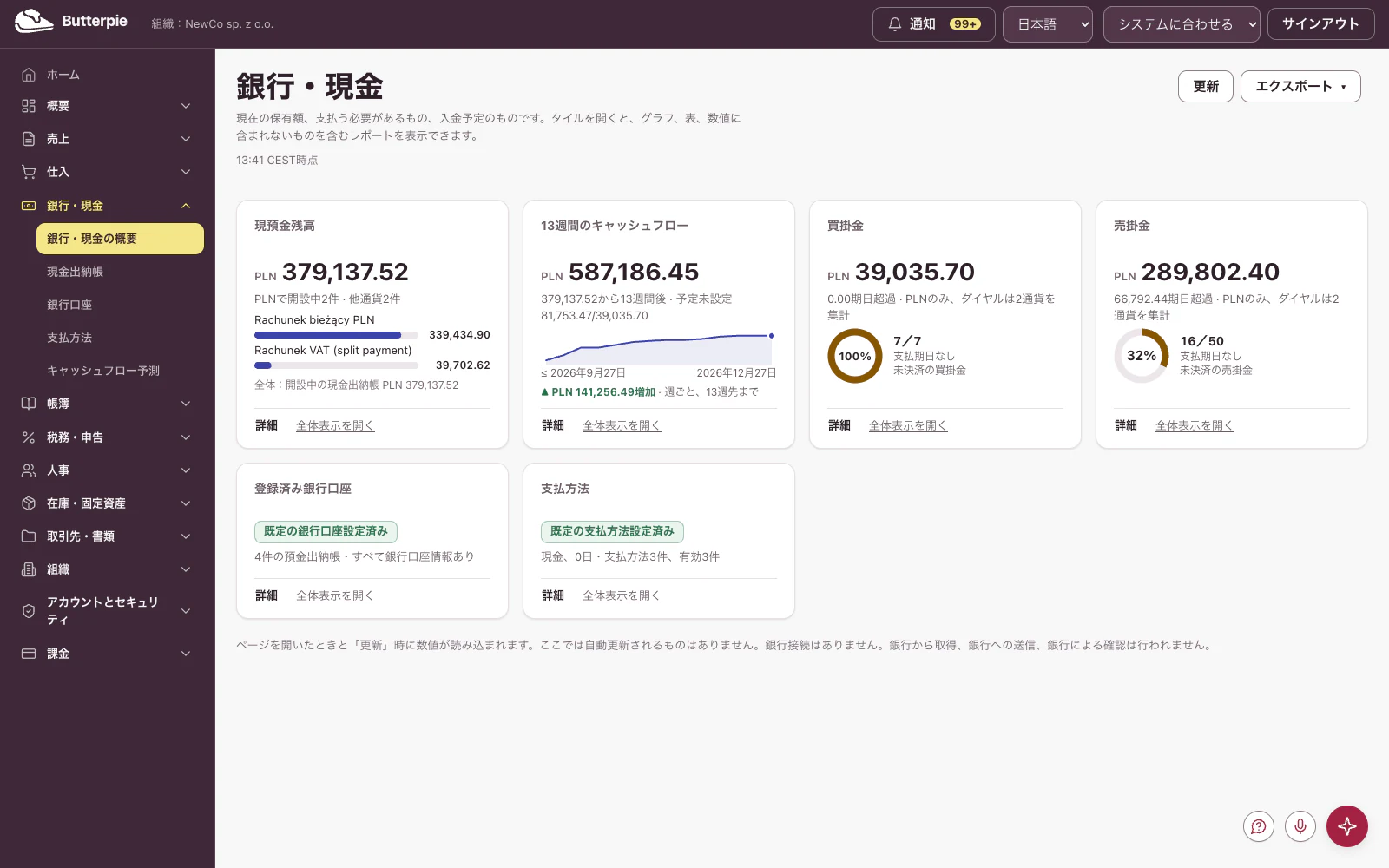 銀行・現金:デモ企業の数値を表示したダッシュボード
