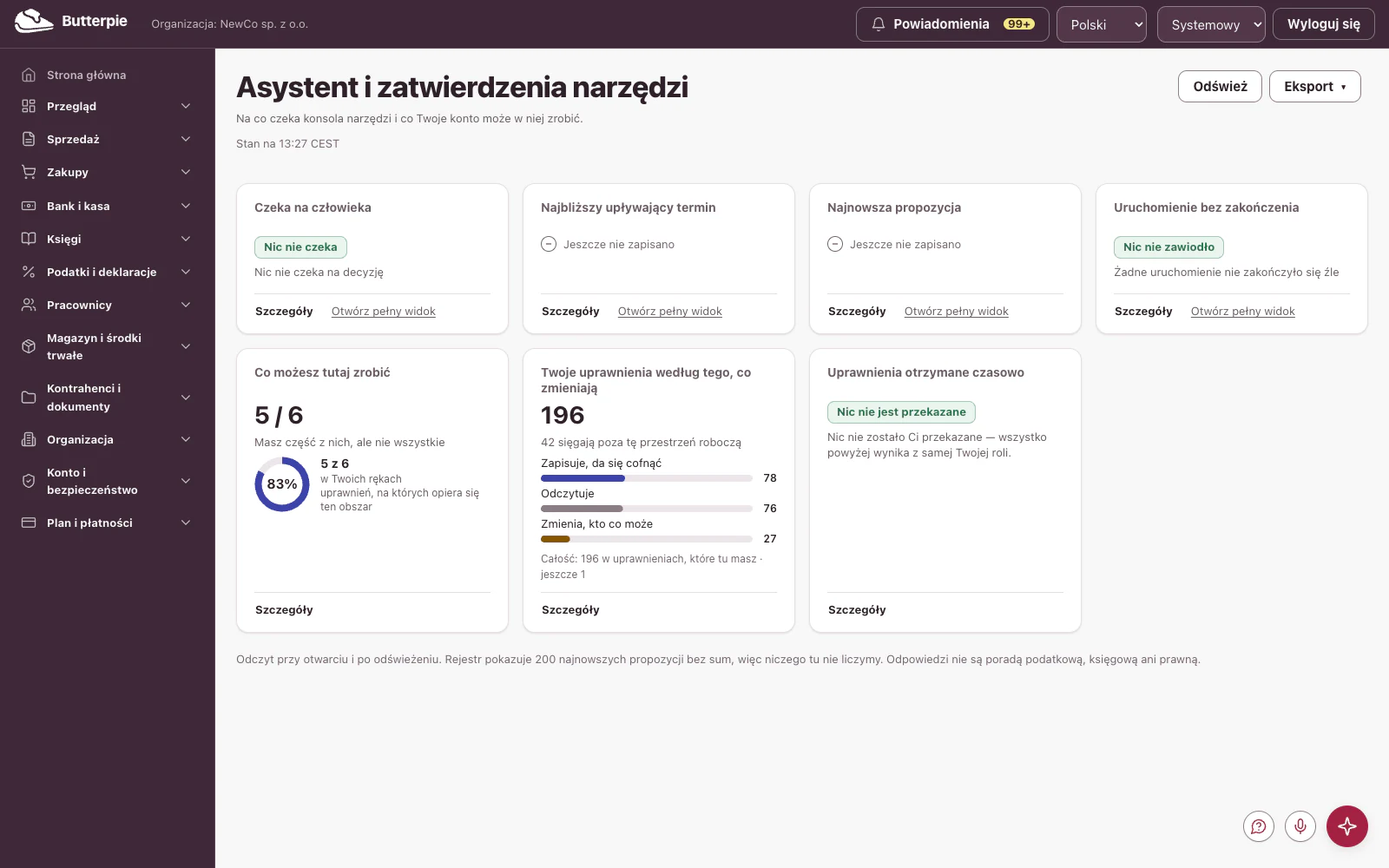 Asystent: pulpit z danymi przykładowej firmy