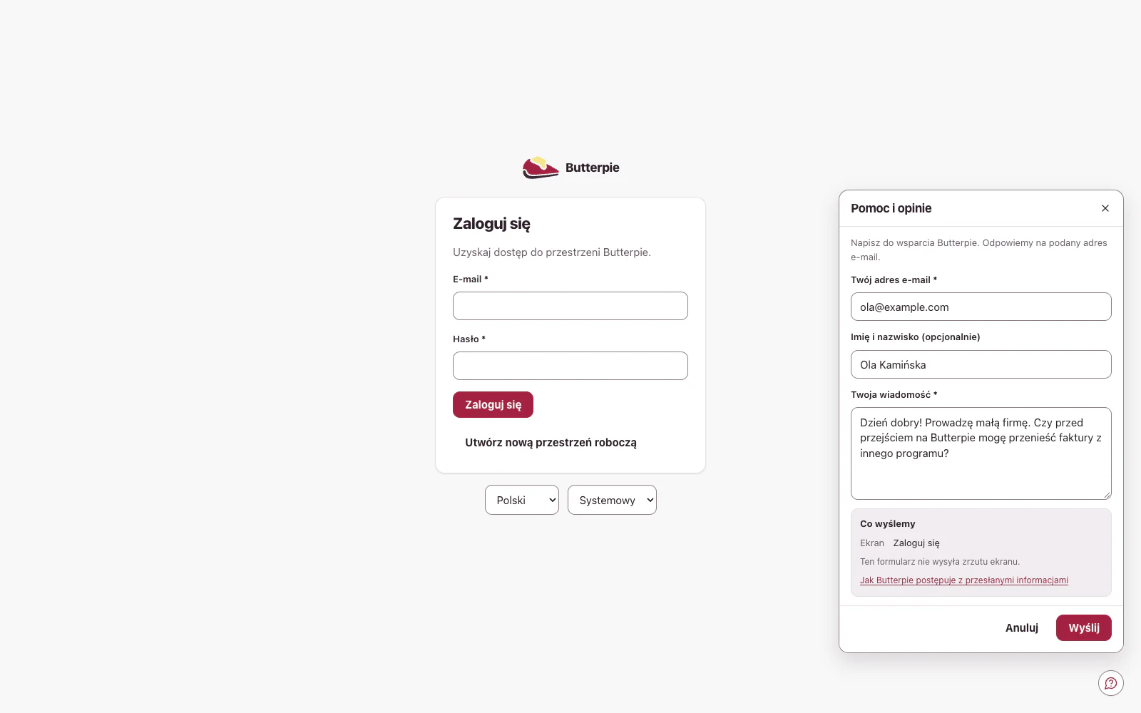 Formularz kontaktowy otwarty kółkiem na ekranie logowania