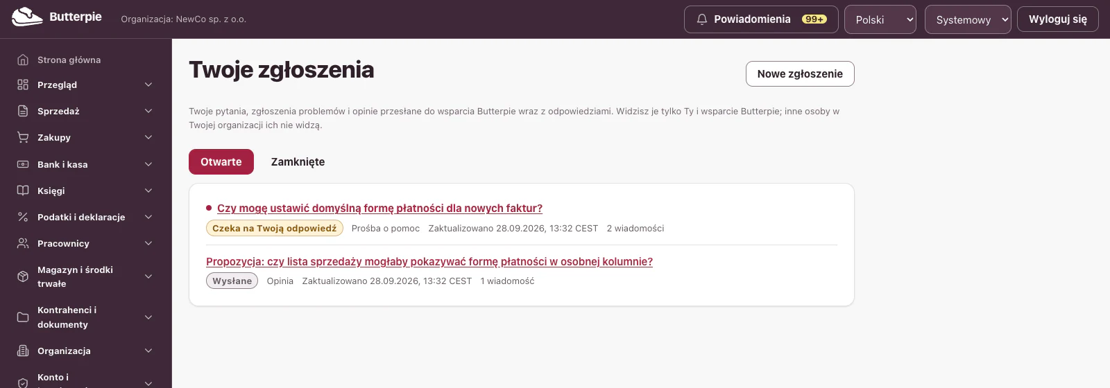 Twoje zgłoszenia: lista zgłoszeń, każde ze statusem